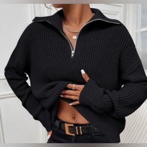 Black Cozy Ribbed Sweater Zip Up with Collar